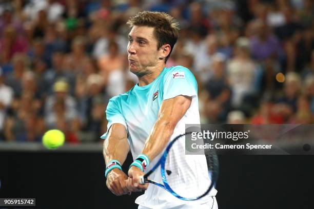 Matthew Ebden of Australia plays a backhand in his second round match against Alexandr Dolgopolov of the UkraineÊon day three of the 2018 Australian...