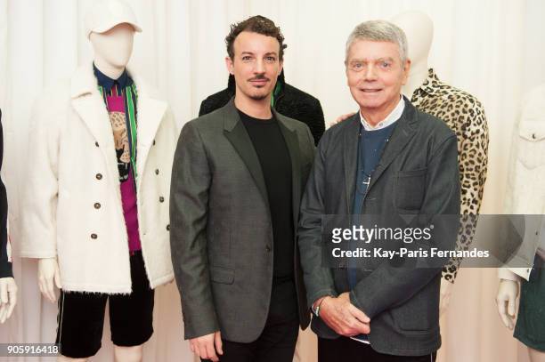Calligrapher Nicolas Ouchenir and designer Lucien Pellat-Finet pose during the Lucien Pellat-Finet : Presentation - Menswear Fall/Winter 2018-2019...
