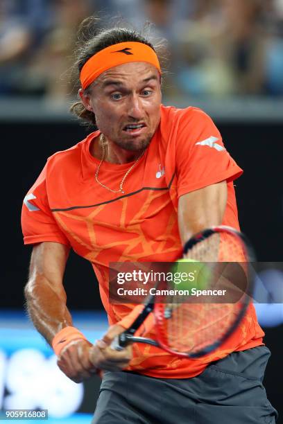 Alexandr Dolgopolov of the UkraineÊplays a backhand in his second round match against Matthew Ebden of Australia on day three of the 2018 Australian...