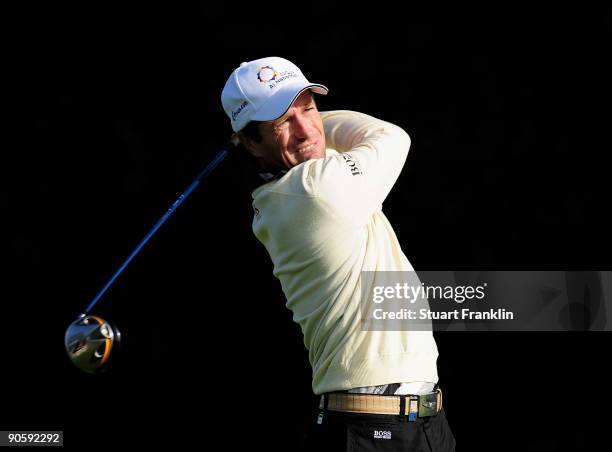 Steve Webster of England plays his tee shot on the fifth hole during the second round of The Mercedes-Benz Championship at The Gut Larchenhof Golf...