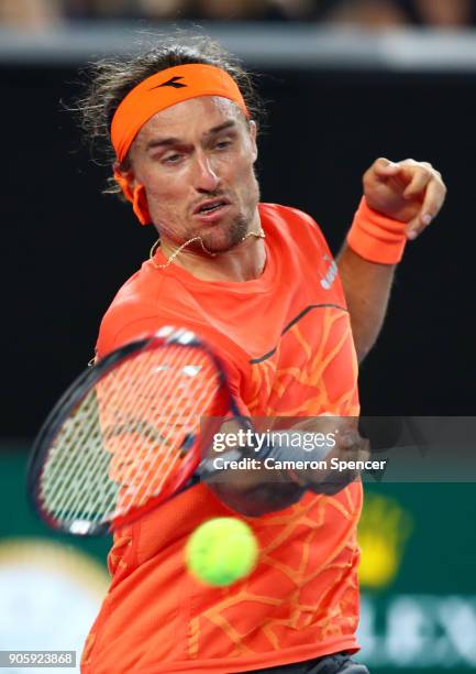 Alexandr Dolgopolov of the UkraineÊplays a forehand in his second round match against Matthew Ebden of Australia on day three of the 2018 Australian...