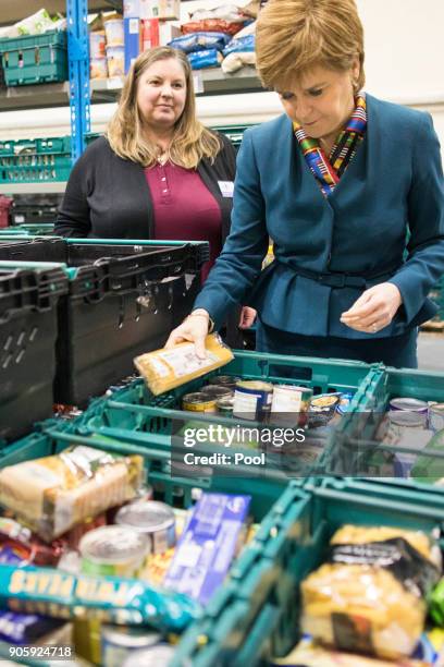 First Minister of Scotland Nicola Sturgeon visits the Start Up Stirling Food Bank on January 17, 2017 in Stirling, Scotland.