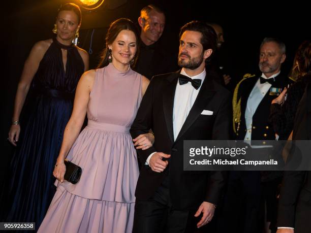 Prince Carl Philip the Duke of Varmland and Princess Sofia of Sweden the Duchess of Varmland walk the red carpet when arriving at Idrottsgalan, the...