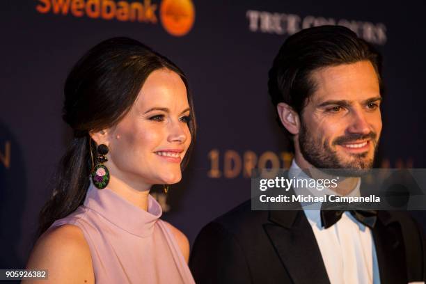 Prince Carl Philip the Duke of Varmland and Princess Sofia of Sweden the Duchess of Varmland walk the red carpet when arriving at Idrottsgalan, the...