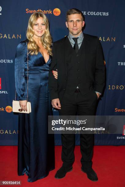 Anders Svensson and wife Emma Johansson walks the red carpet when arriving at Idrottsgalan, the annual Swedish sports awards gala, held at the...