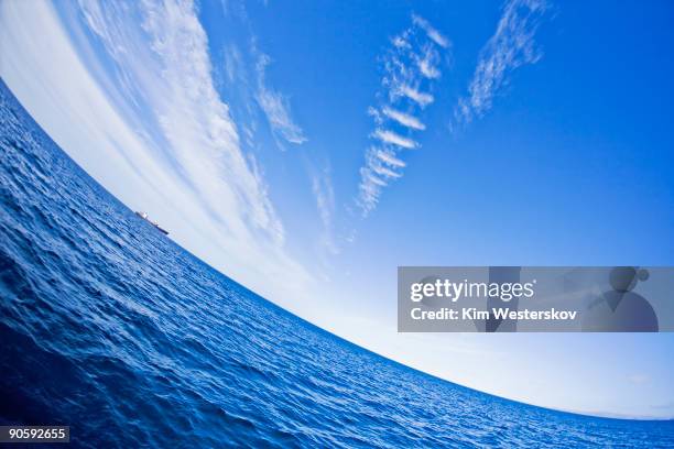 container ship on wide open ocean, horizon curved - westerskov stock pictures, royalty-free photos & images