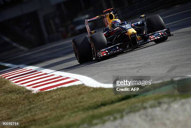 Red Bull's Australian driver Mark Webber drives at the Autodromo Nazionale circuit on September 11, 2009 in Monza, during the first free practice...