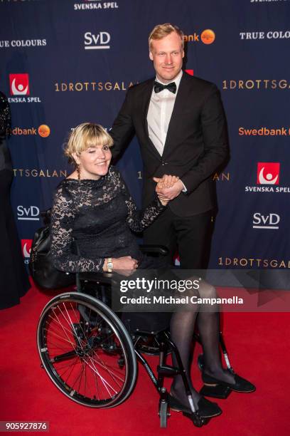 Anna Holmlund and boyfriend Victor Ohling Norberg walk the red carpet when arriving at Idrottsgalan, the annual Swedish sports awards gala held at...