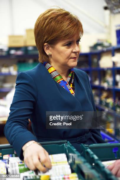 First Minister of Scotland Nicola Sturgeon visits the Start Up Stirling Food Bank on January 17, 2017 in Stirling, Scotland.