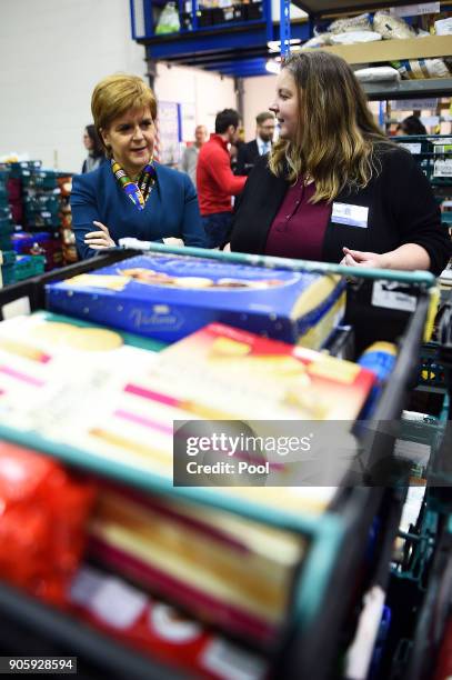 First Minister of Scotland Nicola Sturgeon visits the Start Up Stirling Food Bank on January 17, 2017 in Stirling, Scotland.