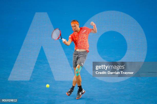 Alexandr Dolgopolov of Ukraine of Ukraine plays a forehand in his second round match against Matthew Ebden of Australia on day three of the 2018...