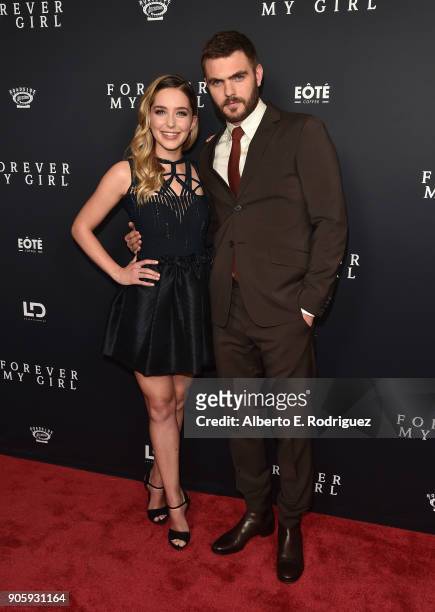 Actors Jessica Rothe and Alex Roe attend the premiere of Roadside Attractions' "Forever My Girl" at The London West Hollywood on January 16, 2018 in...