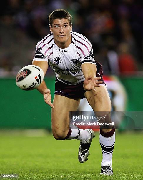 Matt Balin of the Sea Eagles throws a pass during the first NRL qualifying final match between the Melbourne Storm and the Manly Warringah Sea Eagles...