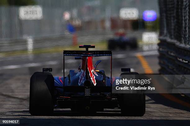 Mark Webber of Australia and Red Bull Racing drives during practice for the Italian Formula One Grand Prix at the Autodromo Nazionale di Monza on...