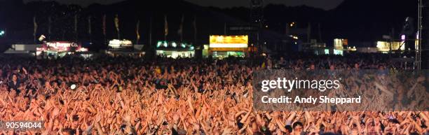 General view of fans in the crowd raising their arms in unison and clapping and viewed from the front on Day 2 of Reading Festival 2009 on August 29,...