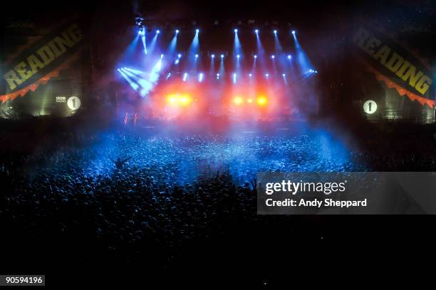 Massed crowd of fans watches the main stage lightshow on Day 2 of Reading Festival 2009 on August 29, 2009 in Reading, England.