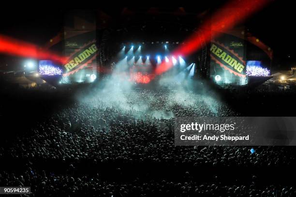 Massed crowd of fans watches the main stage lightshow on Day 2 of Reading Festival 2009 on August 29, 2009 in Reading, England.