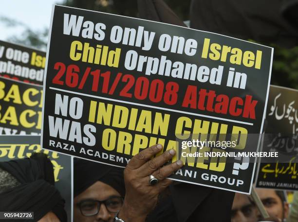 Indian Muslims protest against Israeli Prime Minister Benjamin Netanyahu in Mumbai on January 17, 2018. Israeli leader Benjamin Netanyahu makes an...