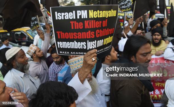 Indian Muslims protest against Israeli Prime Minister Benjamin Netanyahu in Mumbai on January 17, 2018. Israeli leader Benjamin Netanyahu makes an...