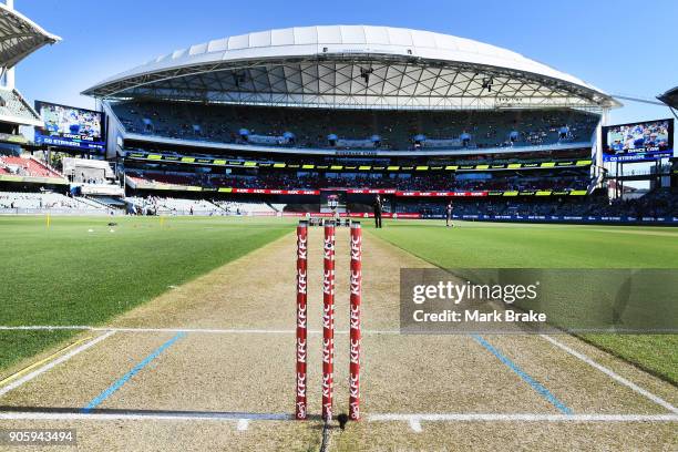 Stumps during the Big Bash League match between the Adelaide Strikers and the Hobart Hurricanes at Adelaide Oval on January 17, 2018 in Adelaide,...