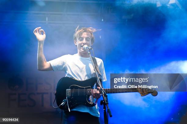 Jack Steadman of Bombay Bycle Club performing on stage on the first day of Offset Festival at Hainault Country Park on September 5, 2009 in Chigwell,...