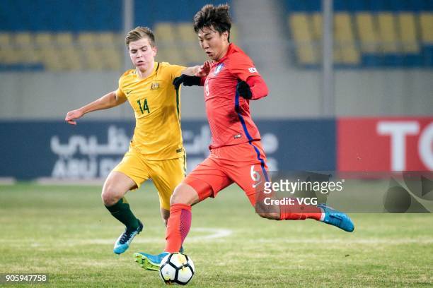 Hwang Ki-Wook of South Korea and Riley McGree of Australia compete for the ball during the AFC U-23 Championship Group D match between South Korea...
