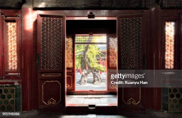 pavilion door in forbidden city, beijing, china. - chinese temple stock-fotos und bilder
