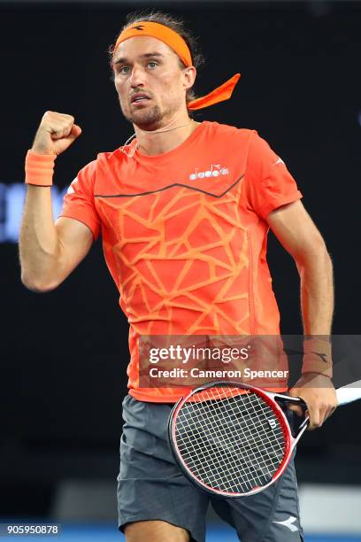 Alexandr Dolgopolov of the Ukraine celebrates winning his second round match against Matthew Ebden of Australia on day three of the 2018 Australian...