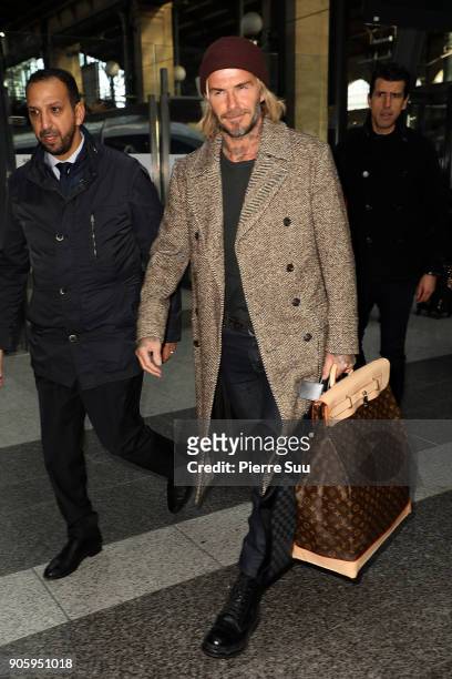 David Beckham arrives at Gare du Nord on January 17, 2018 in Paris, France.