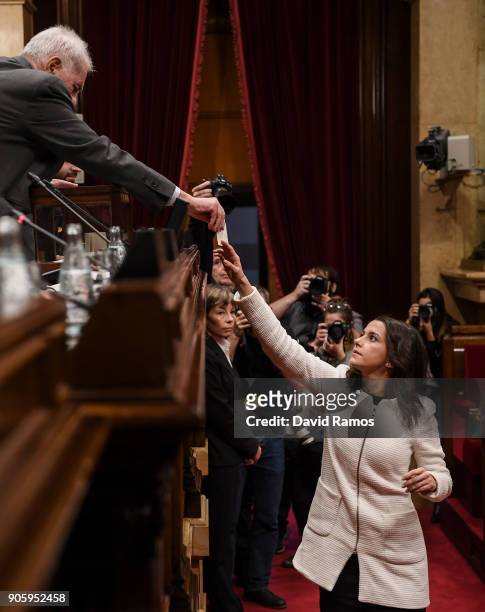 Leader of Ciudadanos party, Ines Arrimadas casts her vot to elect the new President of the Parliament of Catalonia at the Parliament of Catalonia on...