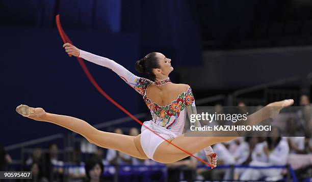 Anna Bessonova of Ukraine performs with a rope during the individual all-around final at the Rhythmic Gymnastics World Championships in Ise, in...