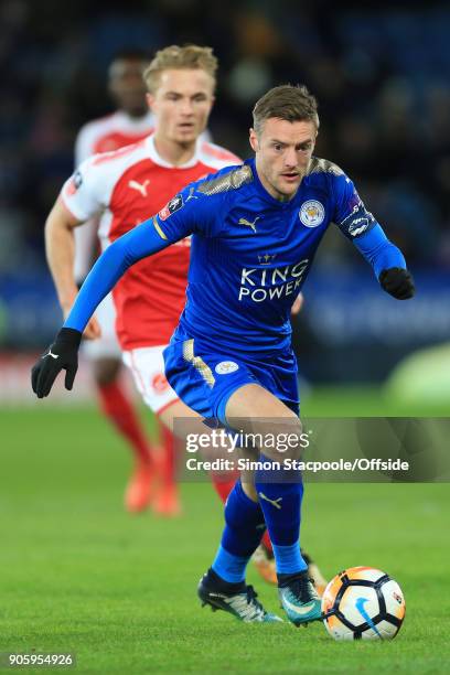 Jamie Vardy of Leicester in action during The Emirates FA Cup Third Round Replay match between Leicester City and Fleetwood Town at the King Power...