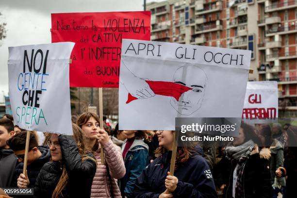 Station of Piscinola peripheral North zone of Naples there was Manifestation against violence of the Baby Gang in Naples, Italy, on 18 January 2018.