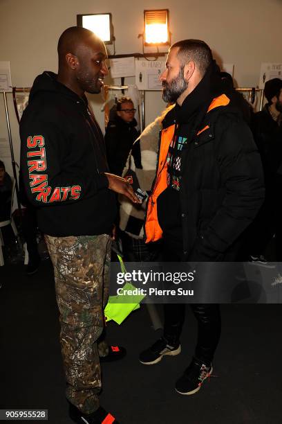 Designer Virgil Abloh and Marcelo Burlon attend the Off/White Menswear Fall/Winter 2018-2019 show as part of Paris Fashion Week on January 17, 2018...