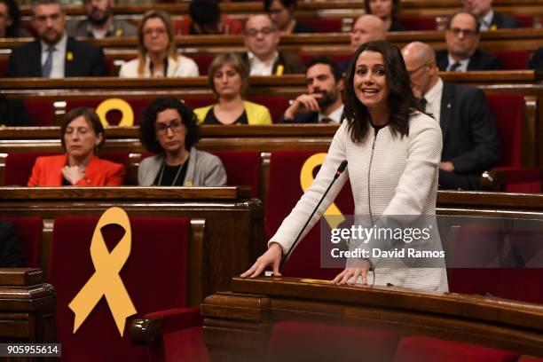 Leader of Ciudadanos party, Ines Arrimadas looks on next to yellow ribbons in memory of elected members of the parliament still in custody in jail in...