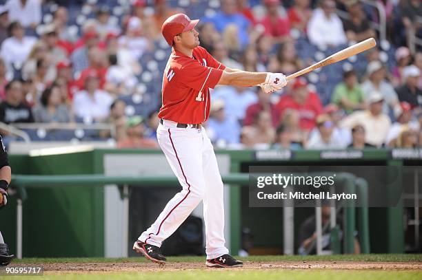 Ryan Zimmerman of the Washington Nationals hits a walk off game winning home run during a baseball game against the Florida Marlins on September 6,...