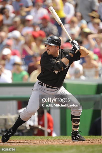 Nick Johnson of the Florida Marlins prepares to bat during a baseball game against the Washington Nationals on September 6, 2009 at Nationals Park in...