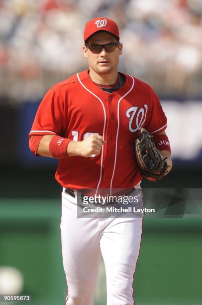 Josh Willingham of the Washington Nationals runs off the field during a baseball game against the Florida Marlins on September 6, 2009 at Nationals...