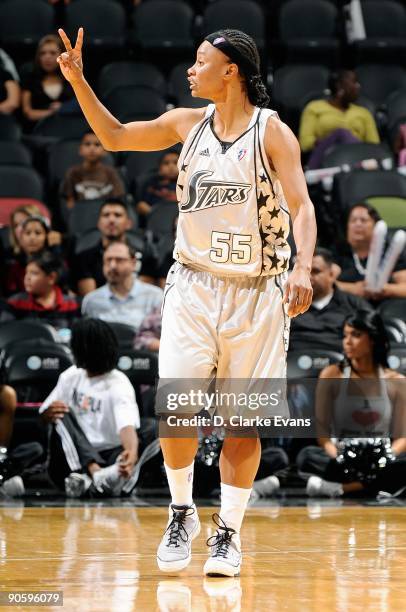 Vickie Johnson of the San Antonio Silver Stars calls a play during the WNBA game against the Minnesota Lynx on September 1, 2009 at the AT&T Center...