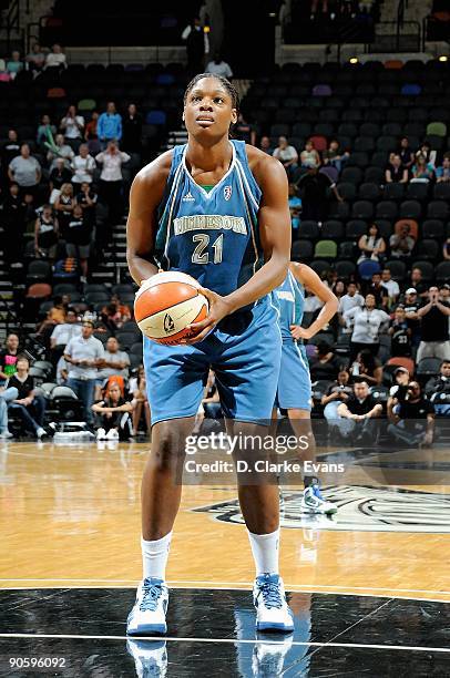 Nicky Anosike of the Minnesota Lynx shoots a free throw during the WNBA game against the San Antonio Silver Stars on September 1, 2009 at the AT&T...