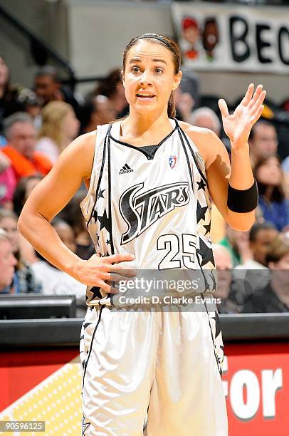 Becky Hammon of the San Antonio Silver Stars reacts during the WNBA game against the Minnesota Lynx on September 1, 2009 at the AT&T Center in San...