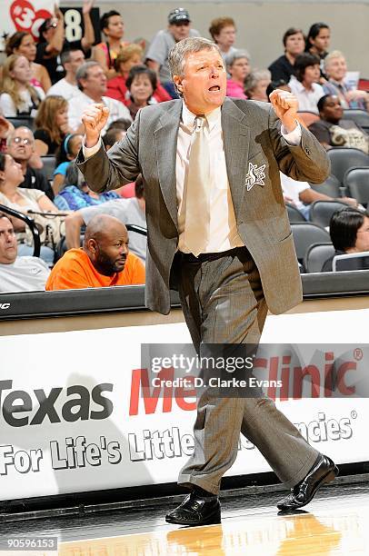 Head coach Dan Hughes of the San Antonio Silver Stars reacts during the WNBA game against the Minnesota Lynx on September 1, 2009 at the AT&T Center...