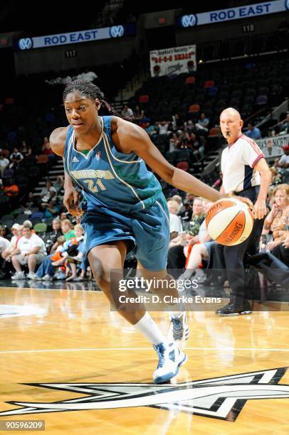 Nicky Anosike of the Minnesota Lynx drives to the basket during the WNBA game against the San Antonio Silver Stars on September 1, 2009 at the AT&T...
