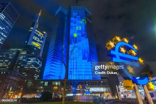 Frankfurt am Main, Hesse, Luminale 2016 - EuroTower - European Banking Supervision, ex ECB, ex BfG - Euro Sculpture by Otmar H_rl.