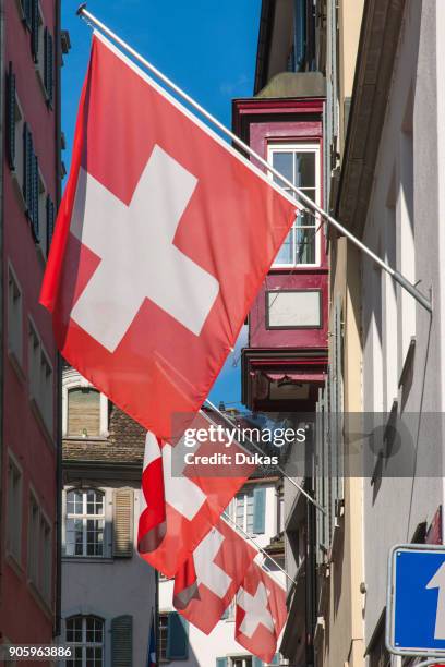 Zurich, Switzerland Swiss flags in the old town.