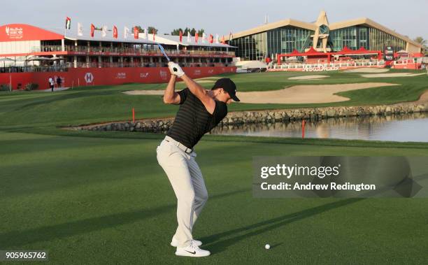 Rory McIlroy of Northern Ireland plays a shot on the 18th hole during the pro-am prior to the Abu Dhabi HSBC Golf Championship at Abu Dhabi Golf Club...