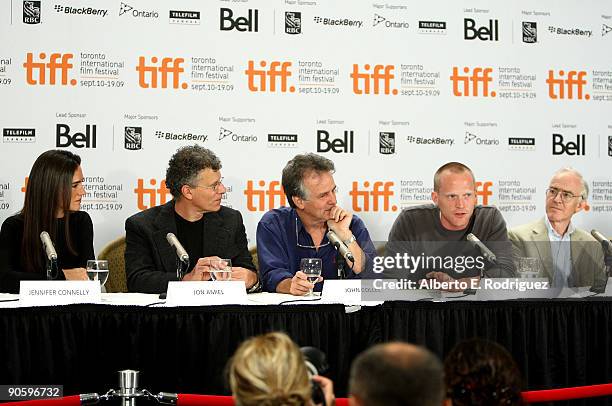 Actress Jennifer Connelly, director Jon Amiel, writer John Collee, actor Paul Bettany and writer Randal Keynes speak onstage at the "Creation" press...