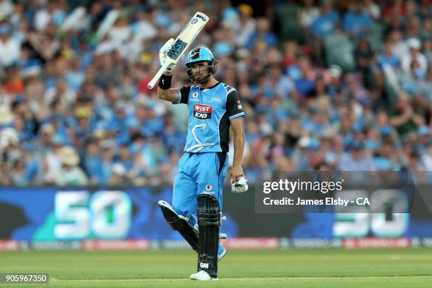 Jake Weatherald of the Adelaide Strikers celebrates his 50 during the Big Bash League match between the Adelaide Strikers and the Hobart Hurricanes...