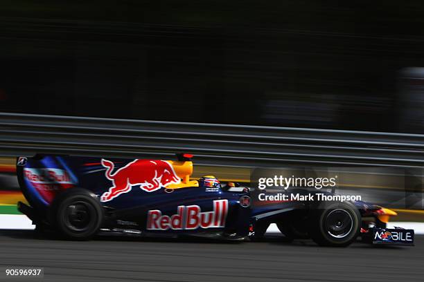 Mark Webber of Australia and Red Bull Racing drives during practice for the Italian Formula One Grand Prix at the Autodromo Nazionale di Monza on...