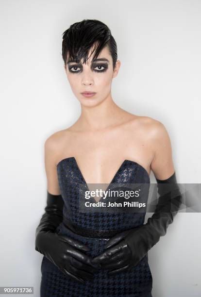 Model poses backstage ahead of the Irene Luft show during the MBFW January 2018 at ewerk on January 17, 2018 in Berlin, Germany.